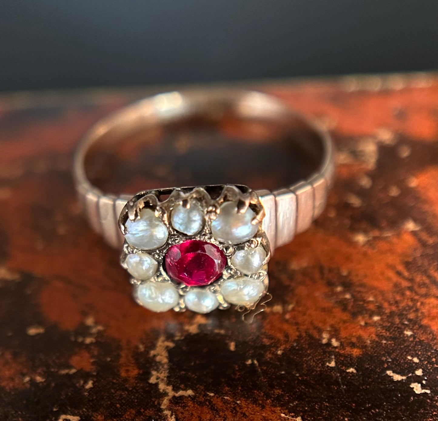 Ruby and seed pearl ring