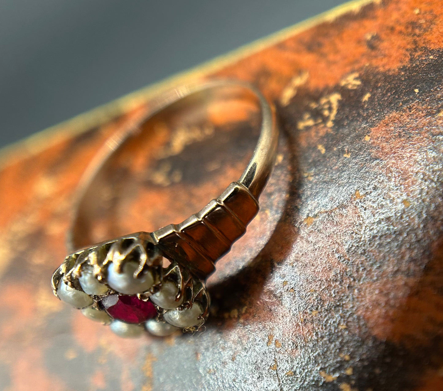 Ruby and seed pearl ring
