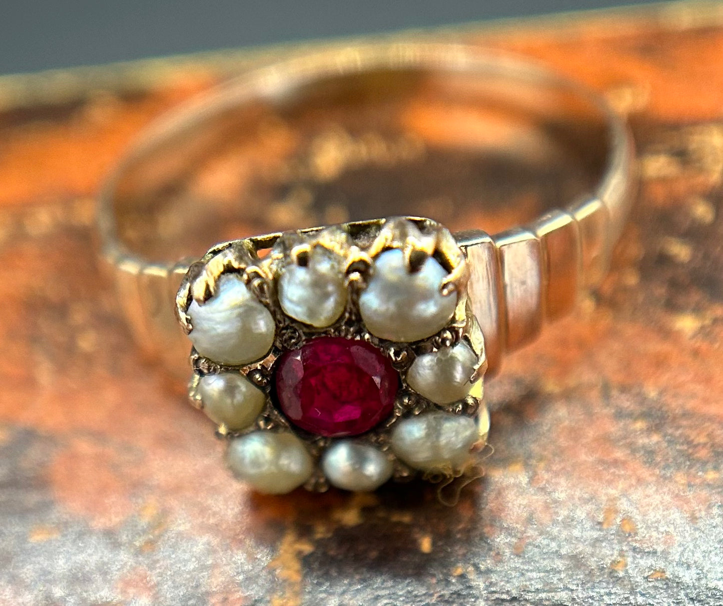 Ruby and seed pearl ring